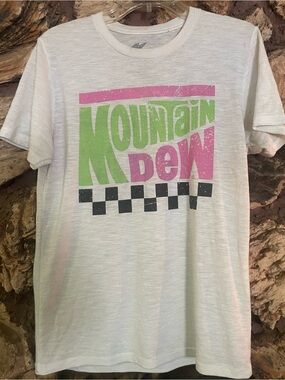 Vintage style* Mountain Dew Graphic soft Tee - White with Pink & Green Logo